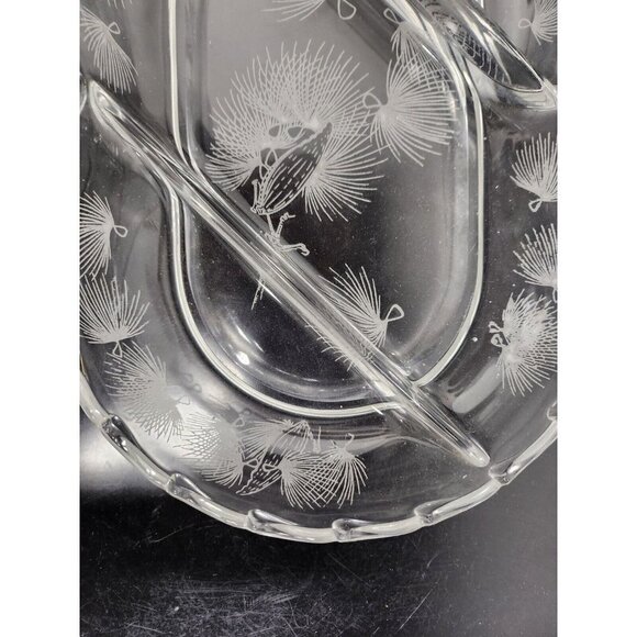 Vintage Fostoria Etched Crystal Three Part Relish Tray Appetizer Dish W/ Handles - Picture 3 of 10